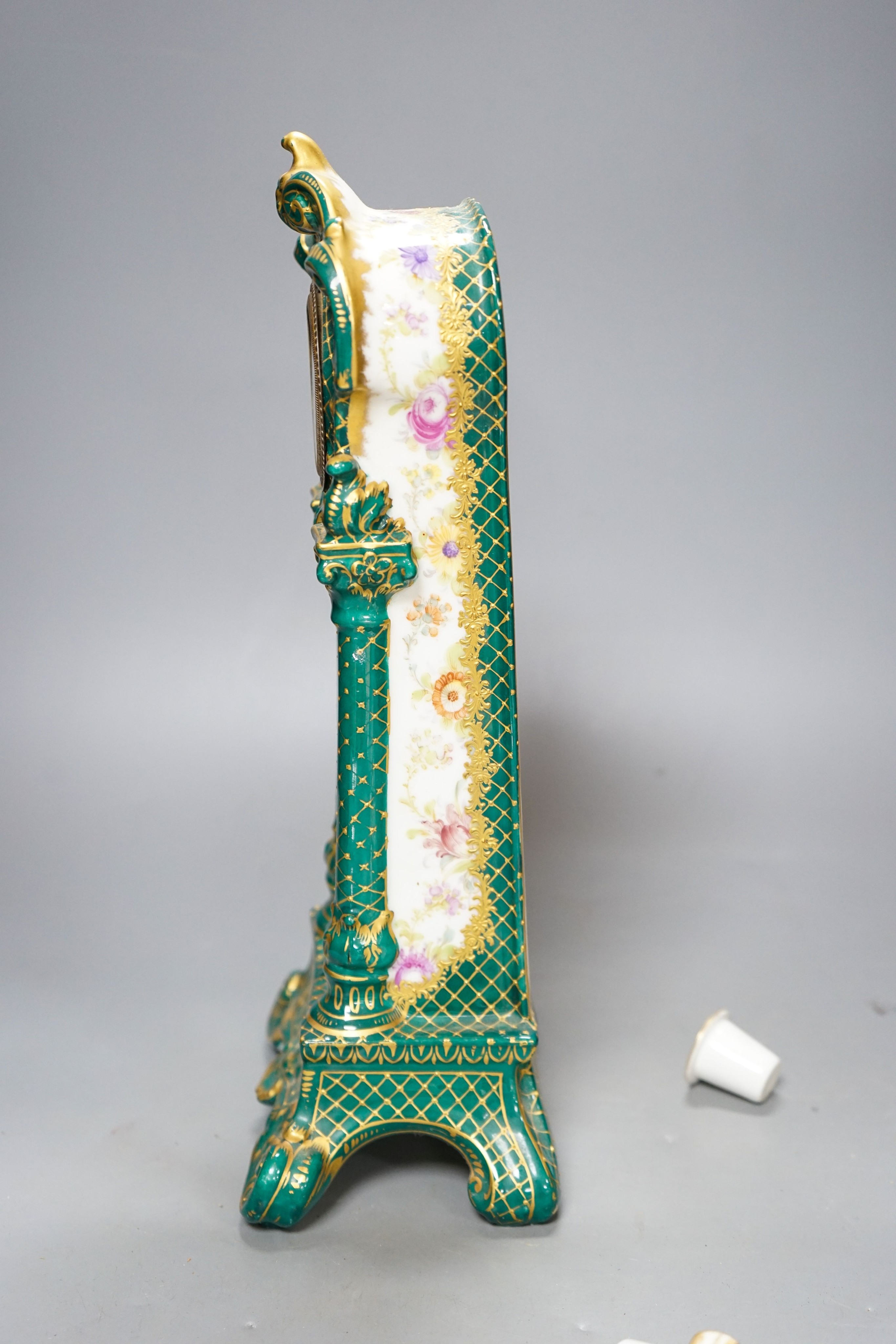 A Dresden porcelain model longcase timepiece and matching ink stand 34cm